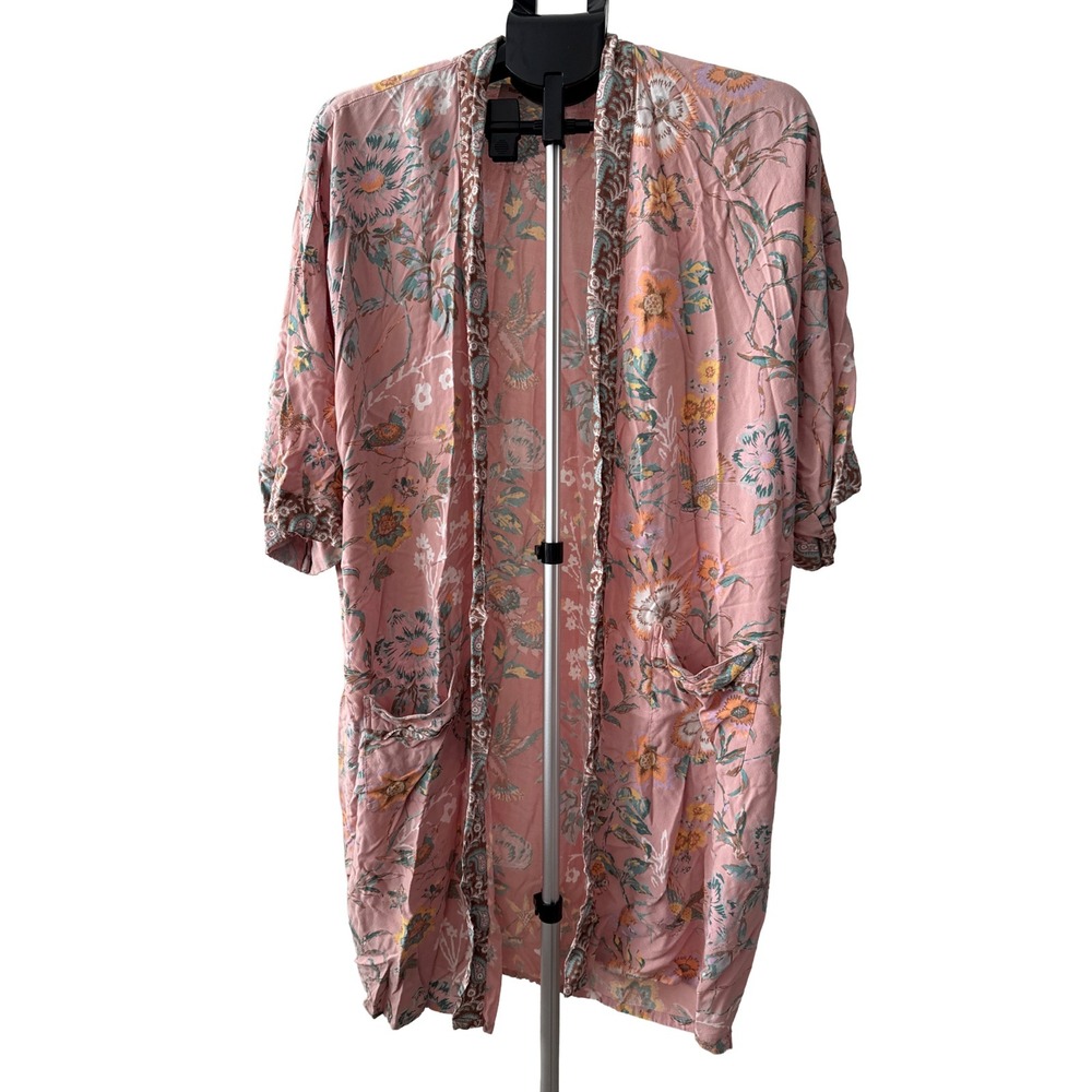 World Market Pink Floral Bird Kimono Robe One Size Boho Duster Cover‎ Up Chic